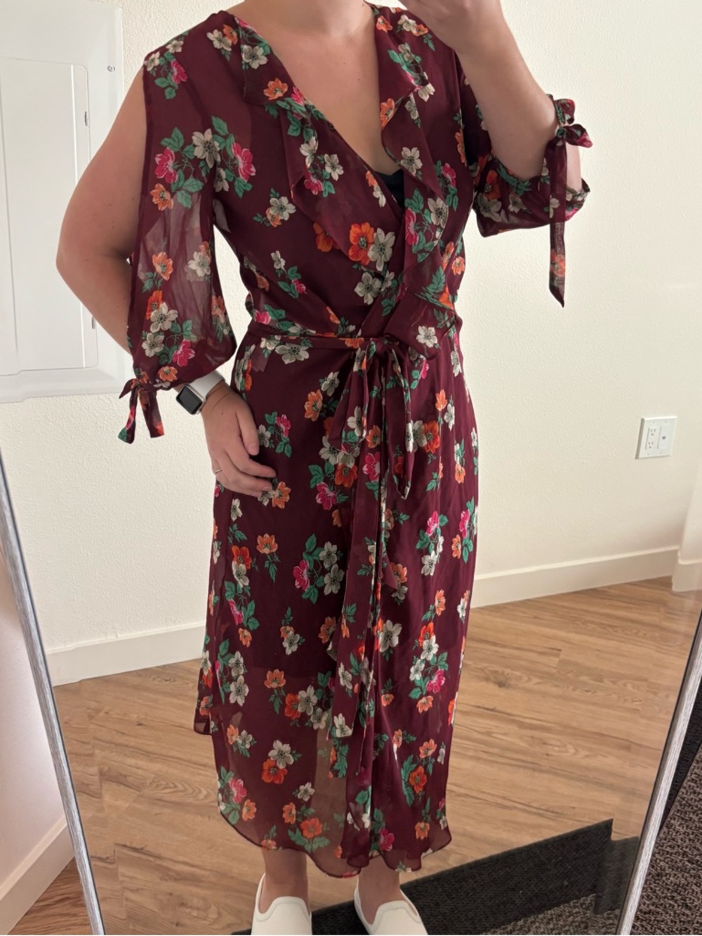 Maje Reselia 2 piece Floral Wrap Midi Dress w/ black slip Burgundy size 1 XS / S